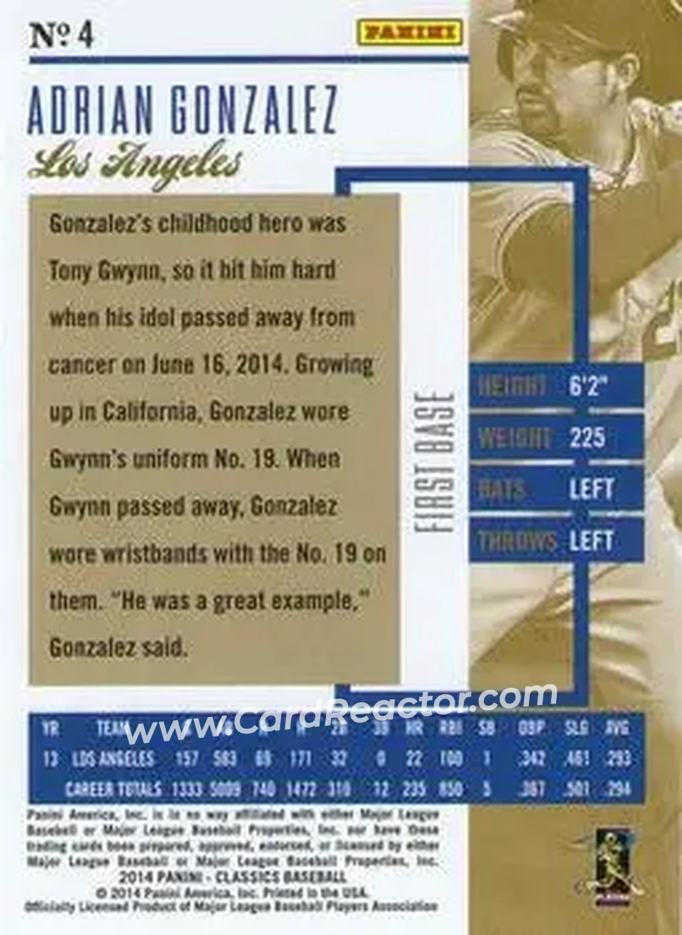 2014 Panini Classics #4 - Adrian Gonzalez - Los Angeles Dodgers - Back
