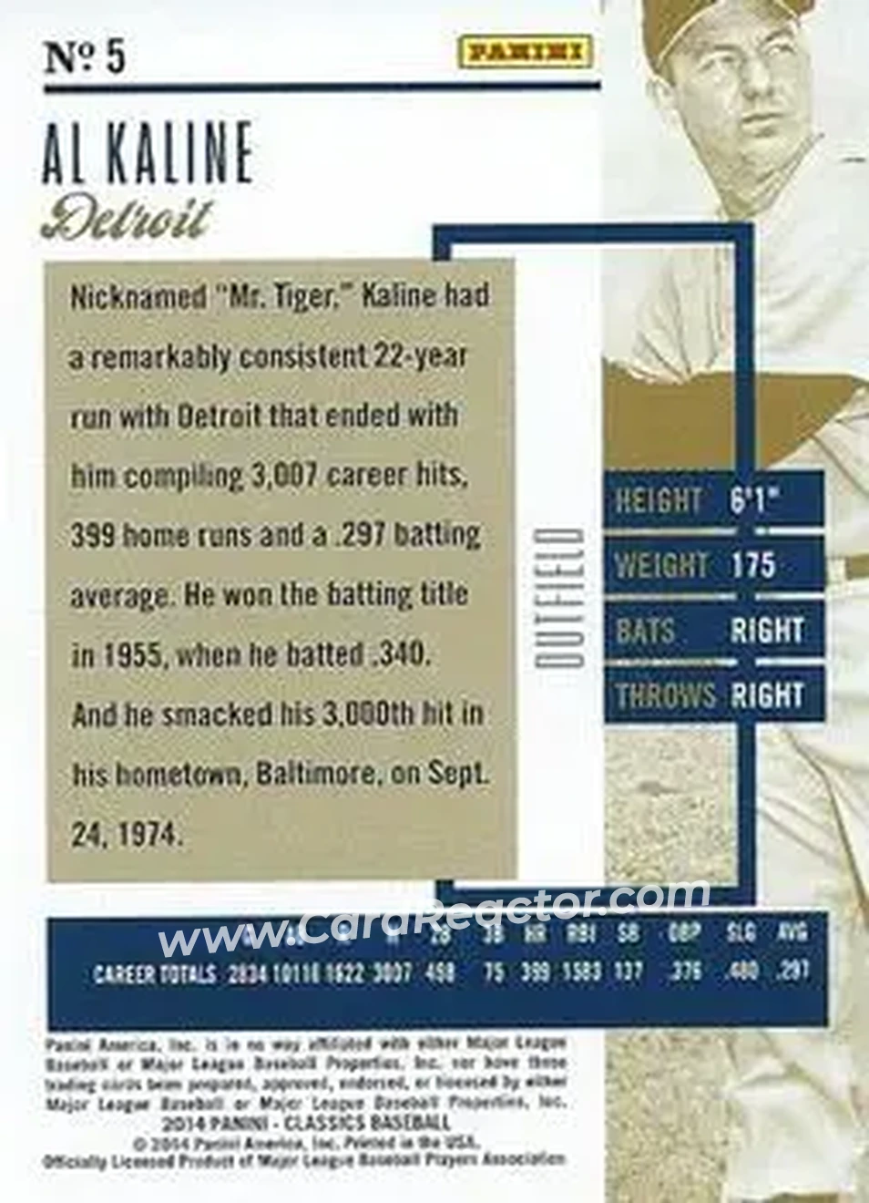 2014 Panini Classics #5 - Al Kaline - Detroit Tigers - Back
