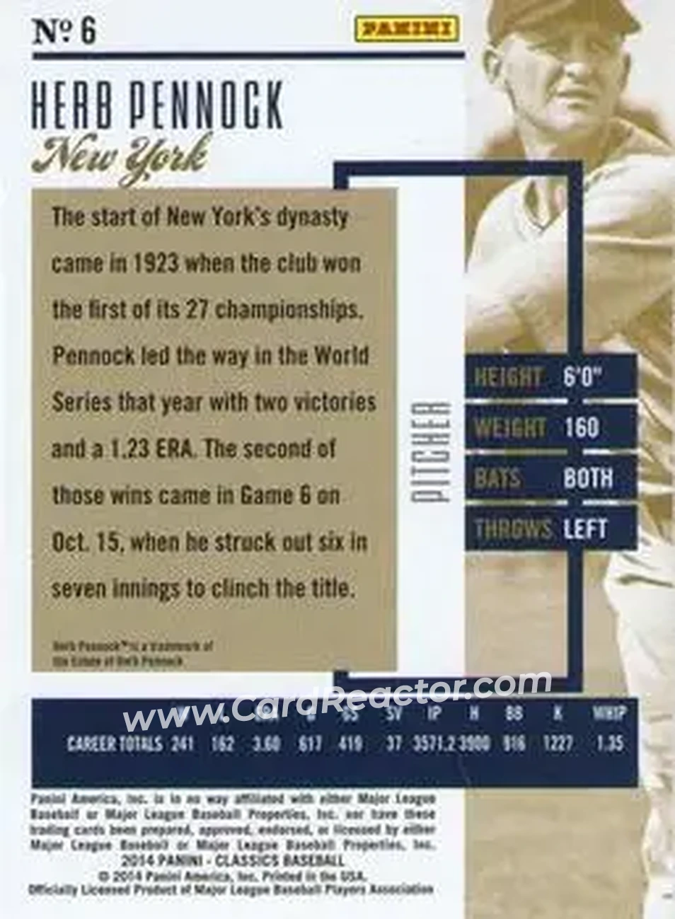 2014 Panini Classics #6 - Herb Pennock - New York Yankees - Back