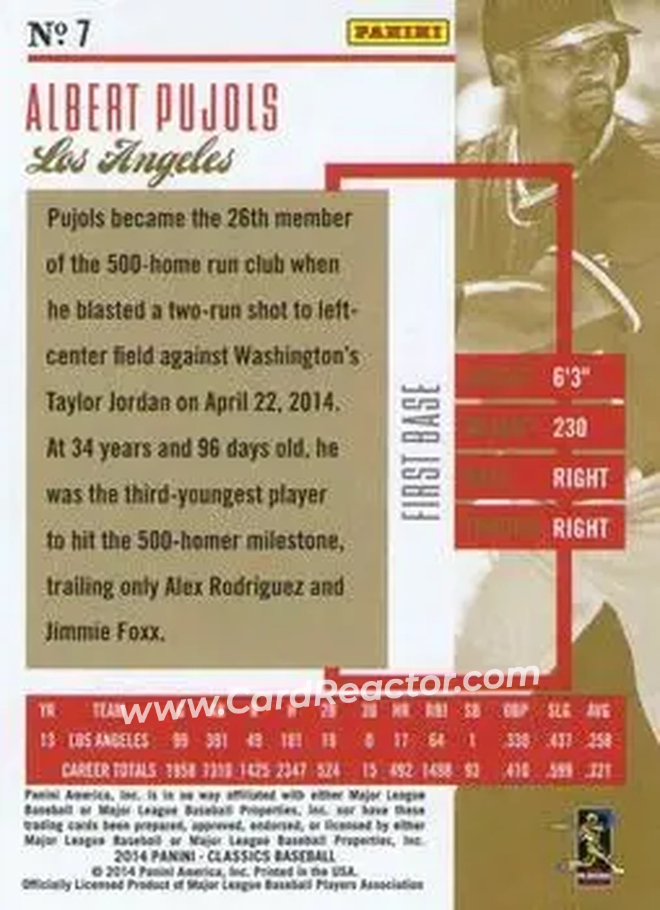 2014 Panini Classics #7 - Albert Pujols - Los Angeles Angels - Back