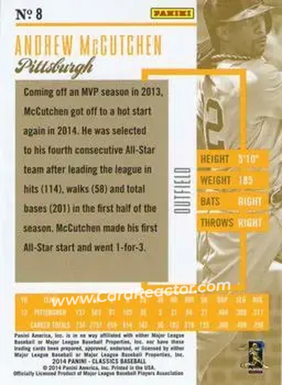 2014 Panini Classics #8 - Andrew McCutchen - Pittsburgh Pirates - Back