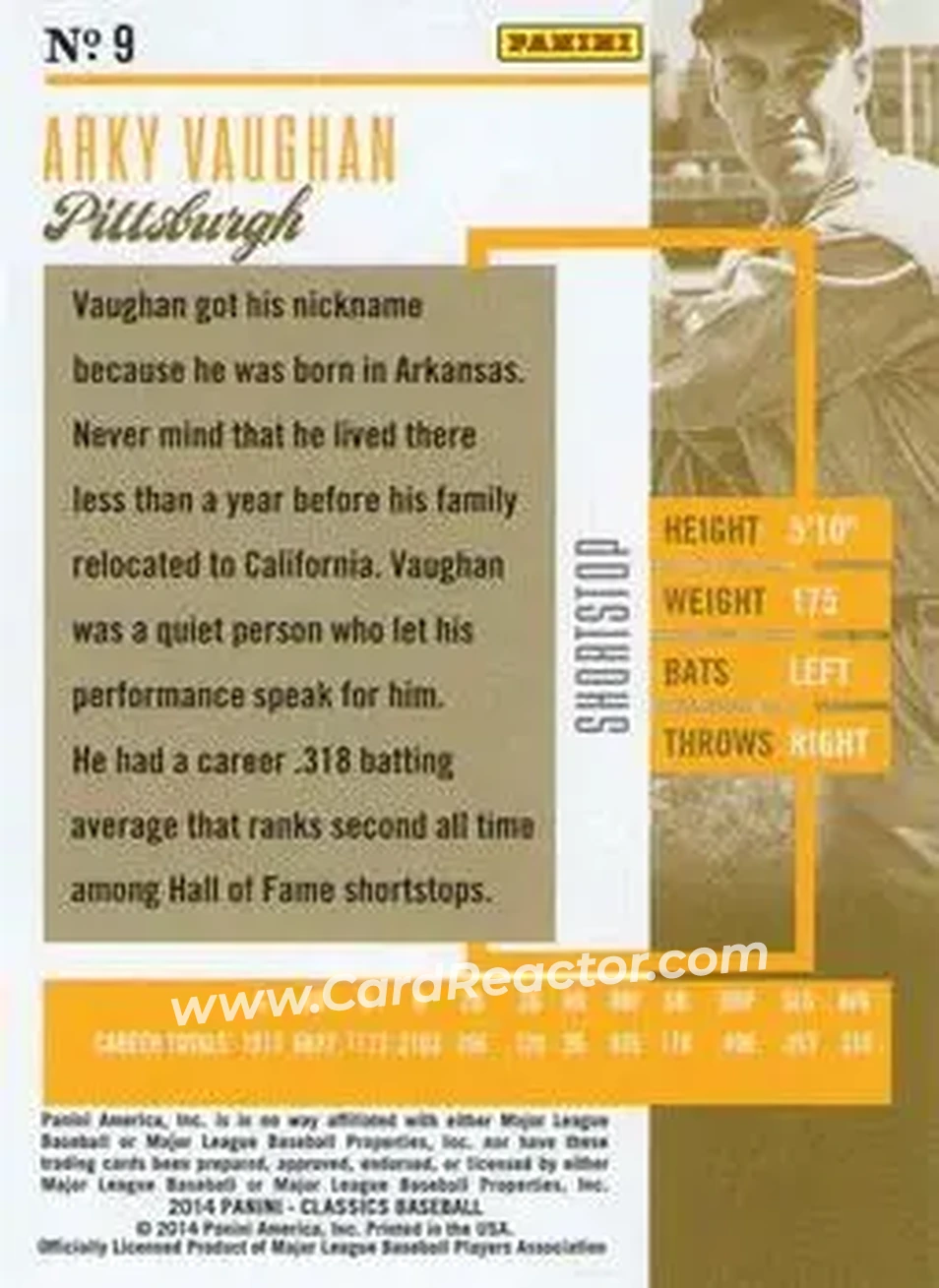 2014 Panini Classics #9 - Arky Vaughan - Pittsburgh Pirates - Back 2014 Panini Classics #9 - Arky Vaughan - Pittsburgh Pirates - Back