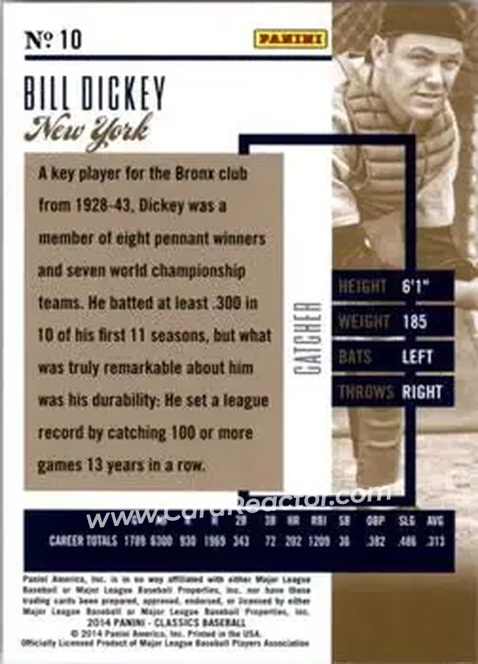 2014 Panini Classics #10 - Bill Dickey - New York Yankees - Back