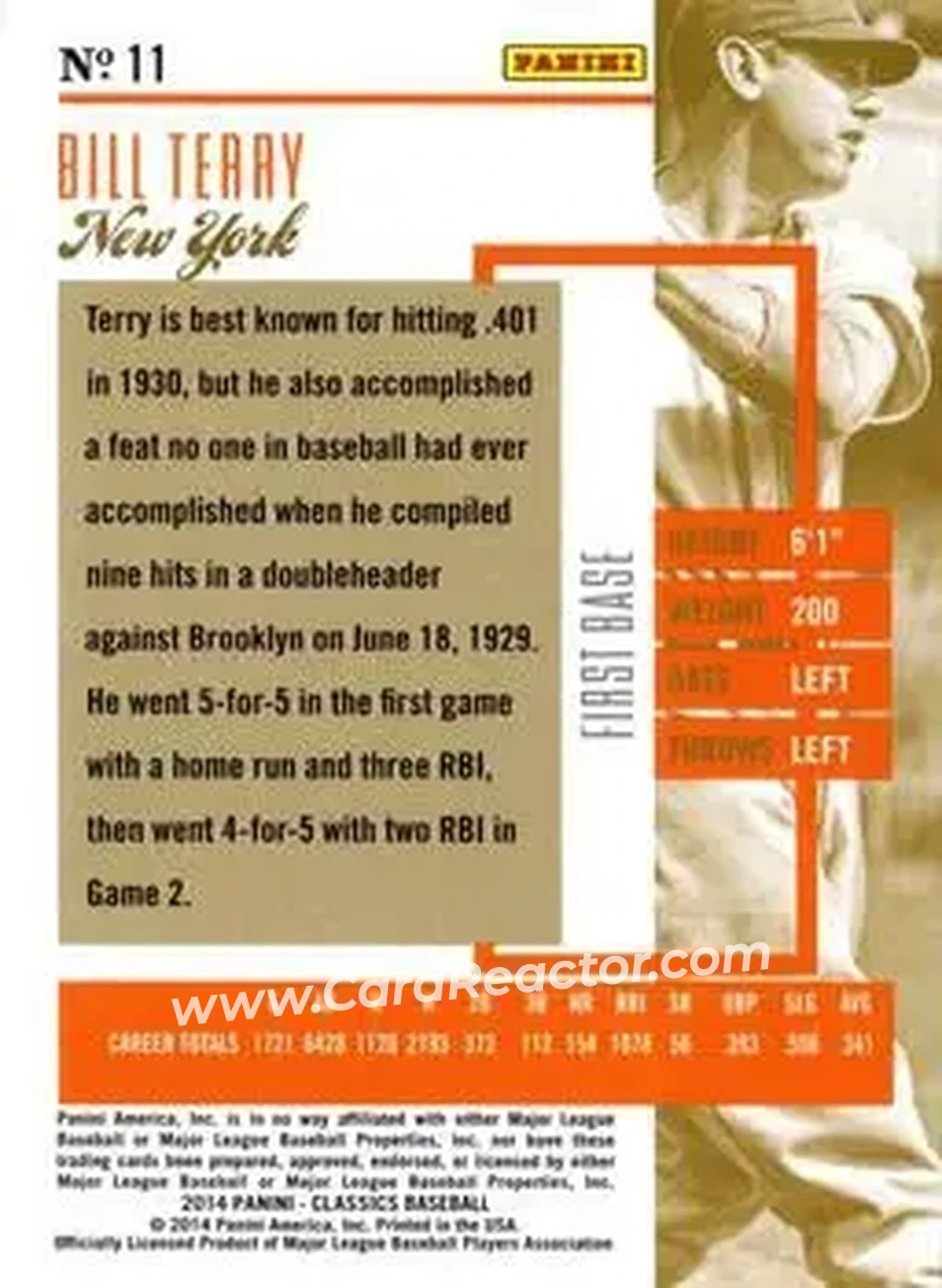 2014 Panini Classics #11 - Bill Terry - New York Giants - Back