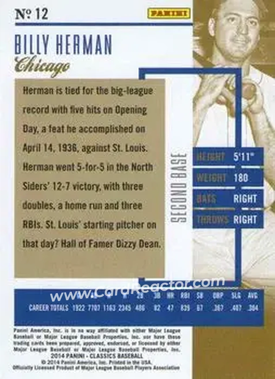 2014 Panini Classics #12 - Billy Herman - Chicago Cubs - Back