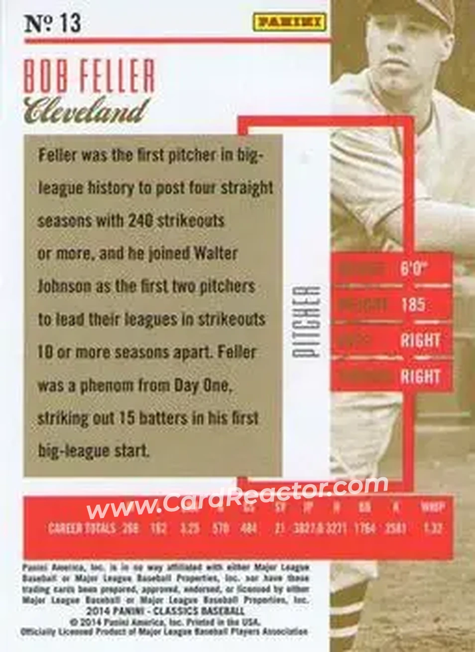 2014 Panini Classics #13 - Bob Feller - Cleveland Indians - Back 2014 Panini Classics #13 - Bob Feller - Cleveland Indians - Back