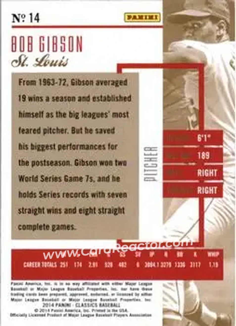2014 Panini Classics #14 - Bob Gibson - St. Louis Cardinals - Back