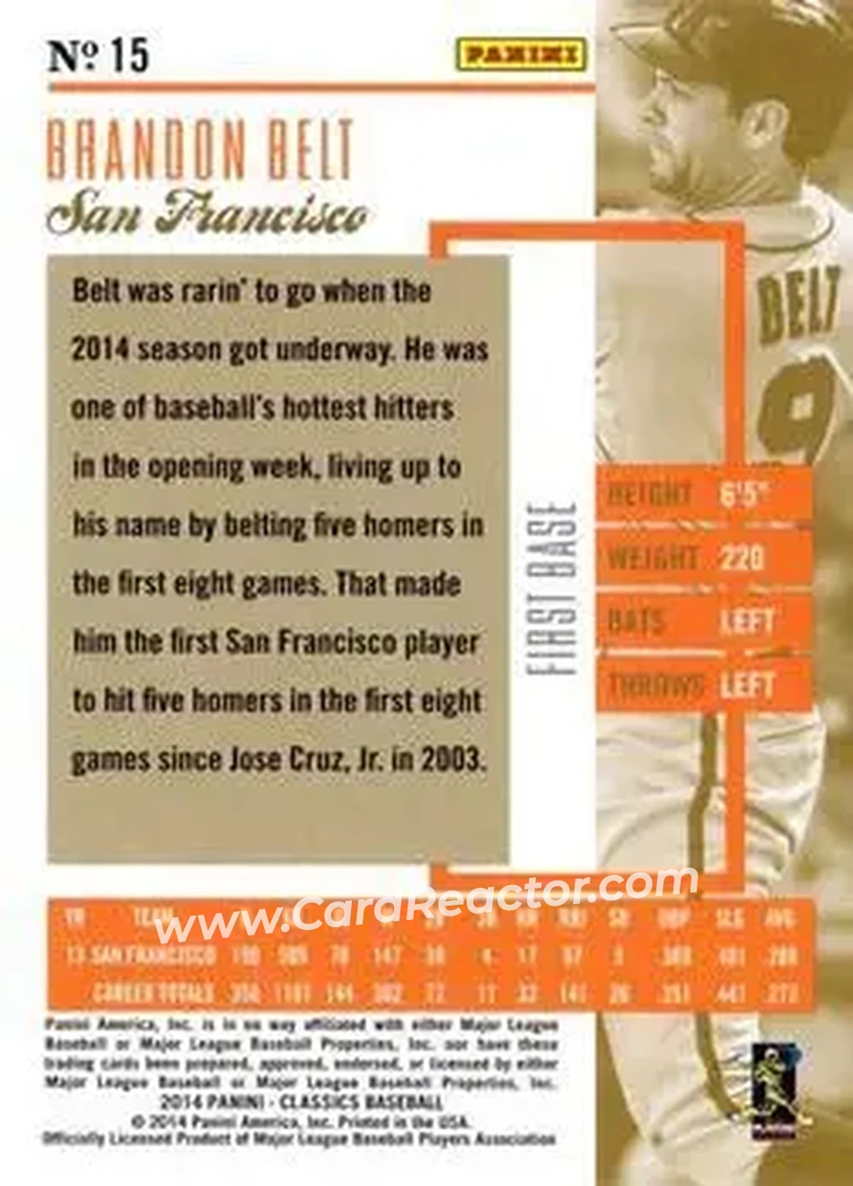 2014 Panini Classics #15 - Brandon Belt - San Francisco Giants - Back