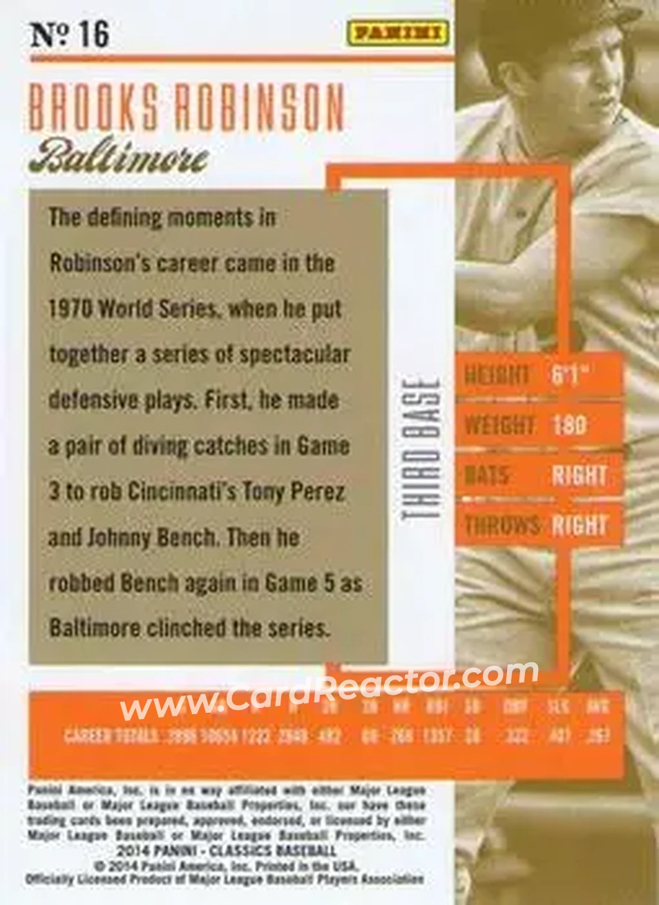 2014 Panini Classics #16 - Brooks Robinson - Baltimore Orioles - Back