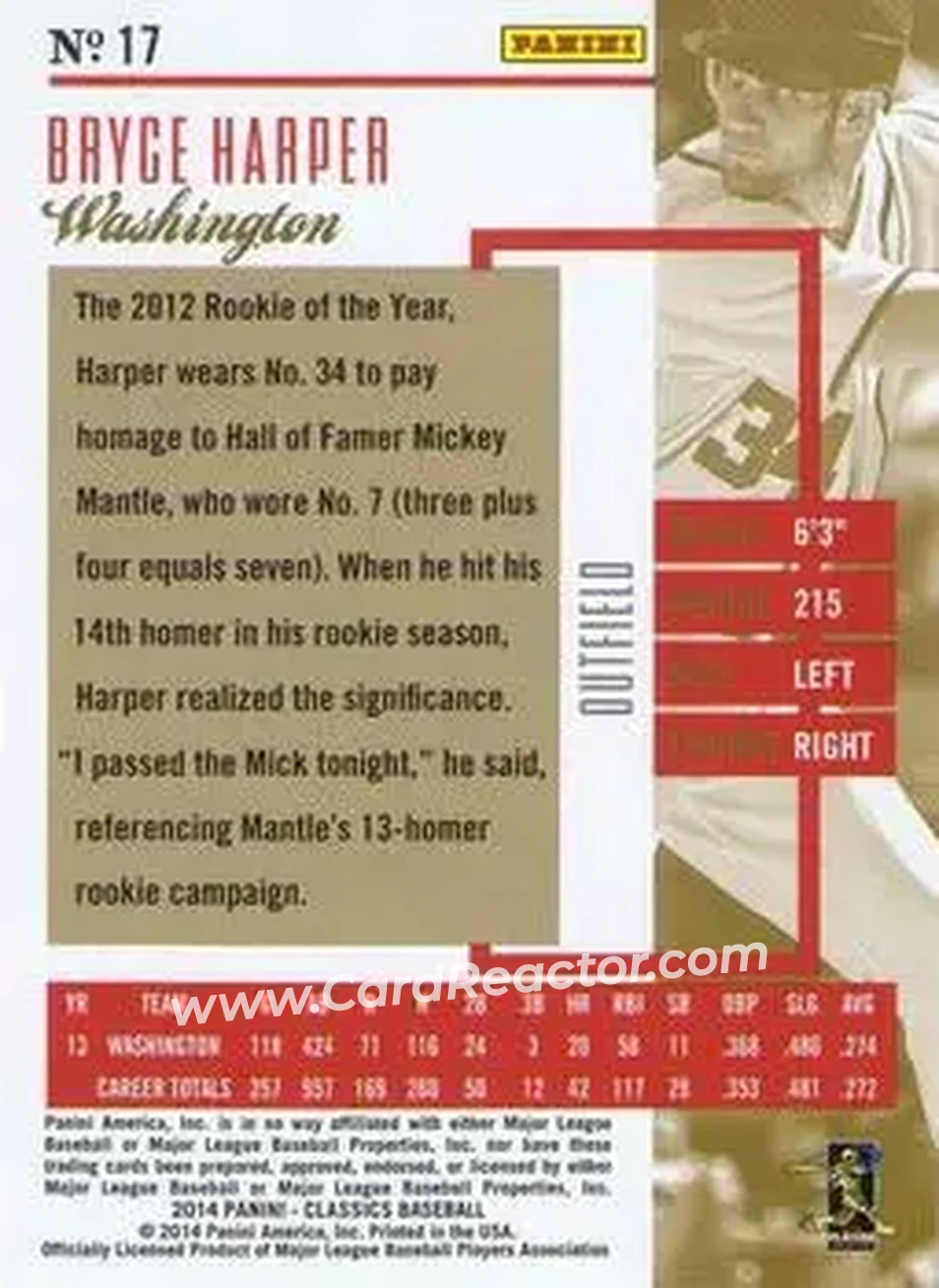 2014 Panini Classics #17 - Bryce Harper - Washington Nationals - Back 2014 Panini Classics #17 - Bryce Harper - Washington Nationals - Back