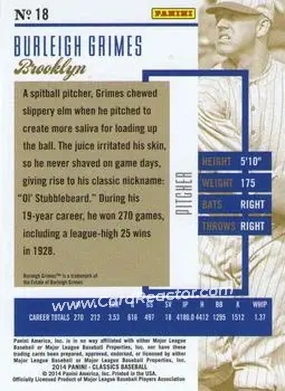 2014 Panini Classics #18 - Burleigh Grimes - Brooklyn Robins - Back