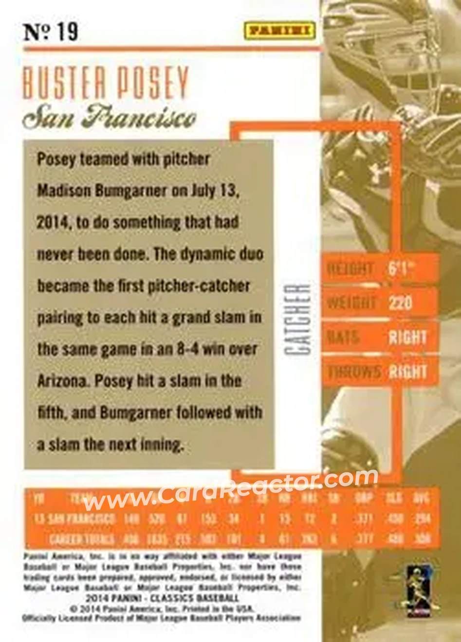 2014 Panini Classics #19 - Buster Posey - San Francisco Giants - Back 2014 Panini Classics #19 - Buster Posey - San Francisco Giants - Back