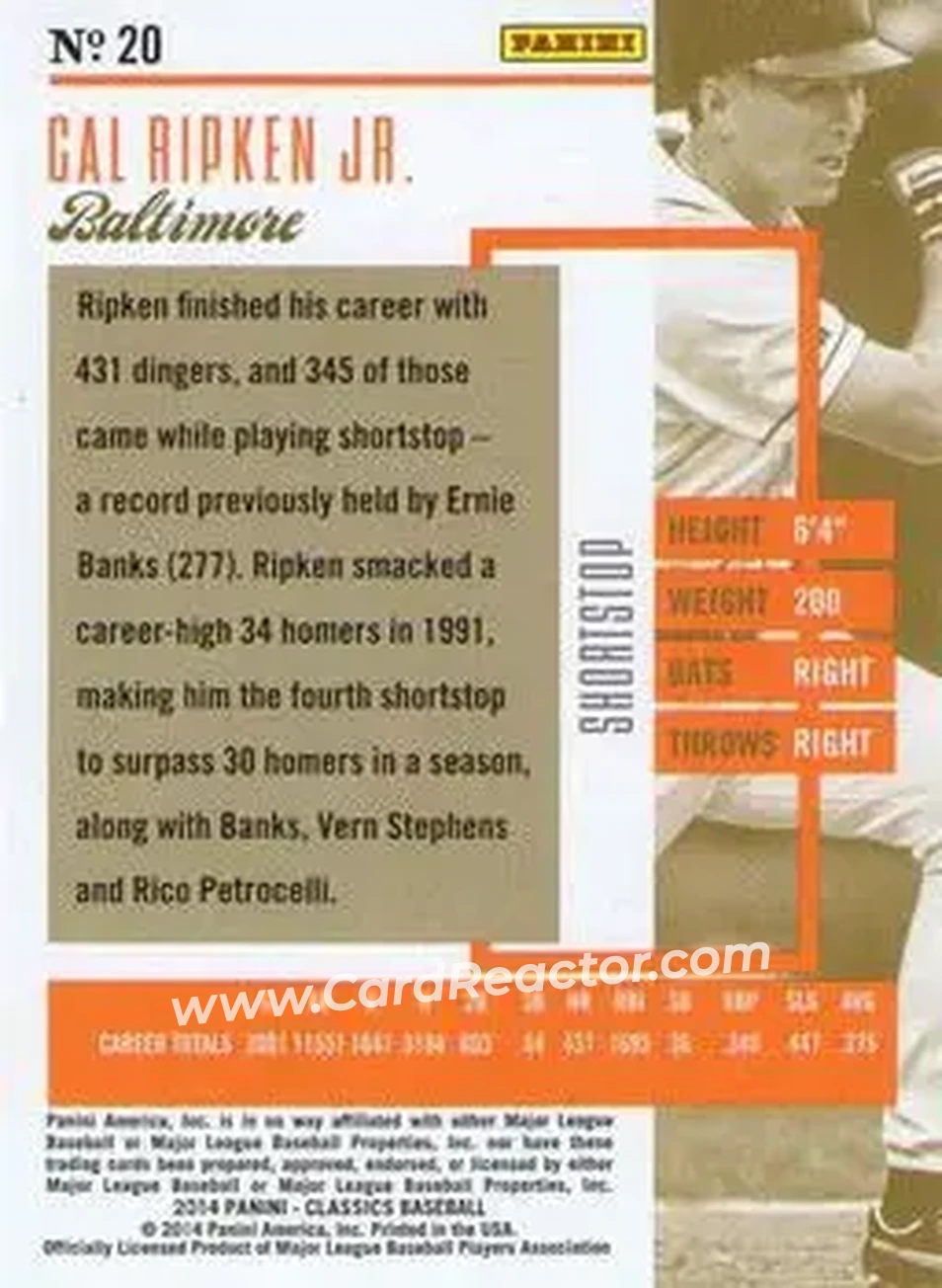 2014 Panini Classics #20 - Cal Ripken - Baltimore Orioles - Back