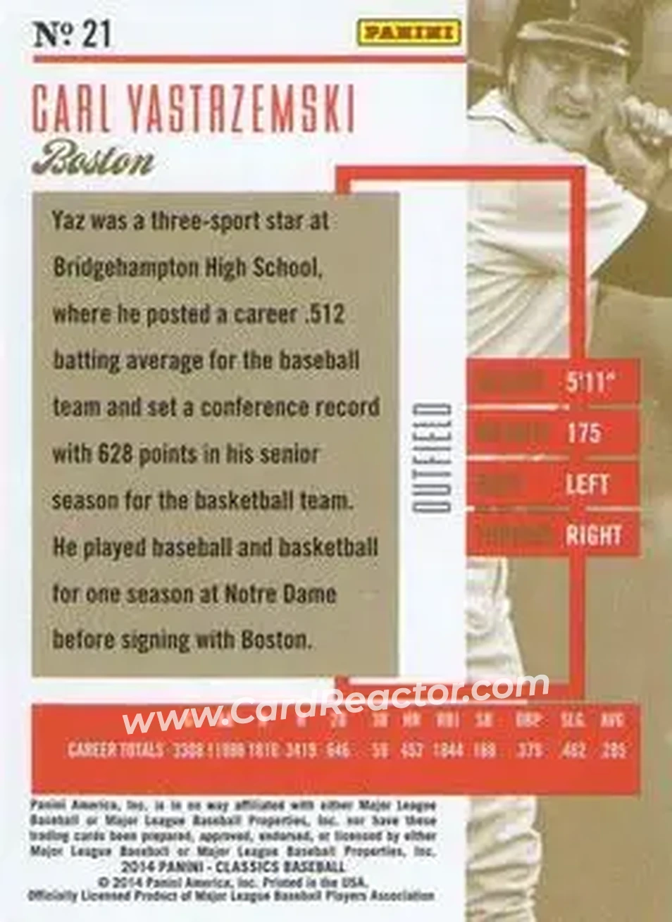 2014 Panini Classics #21 - Carl Yastrzemski - Boston Red Sox - Back