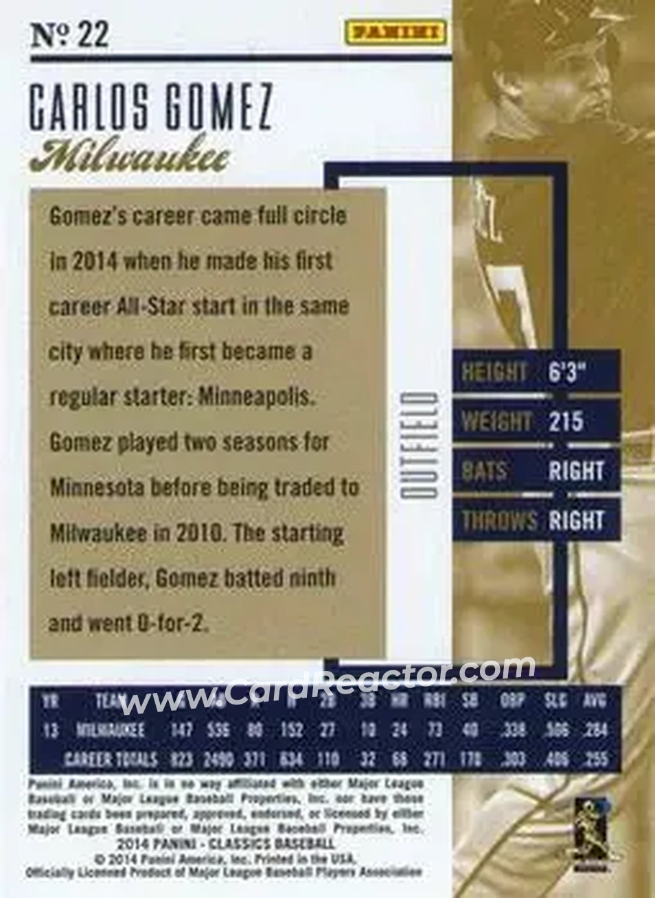 2014 Panini Classics #22 - Carlos Gomez - Milwaukee Brewers - Back