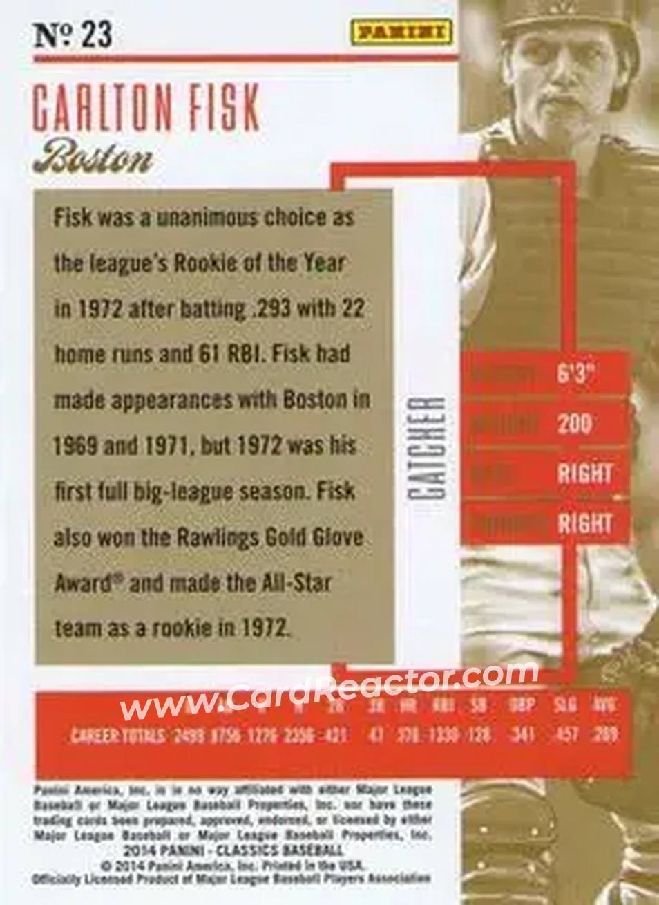 2014 Panini Classics #23 - Carlton Fisk - Boston Red Sox - Back