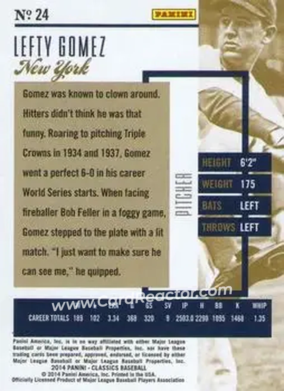 2014 Panini Classics #24 - Lefty Gomez - New York Yankees - Back 2014 Panini Classics #24 - Lefty Gomez - New York Yankees - Back