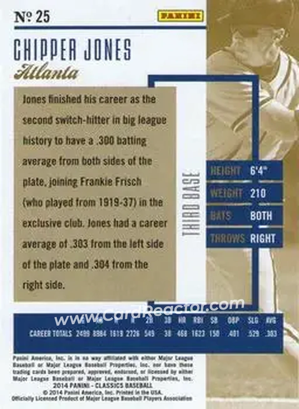 2014 Panini Classics #25 - Chipper Jones - Atlanta Braves - Back