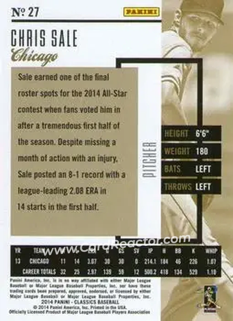 2014 Panini Classics #27 - Chris Sale - Chicago White Sox - Back
