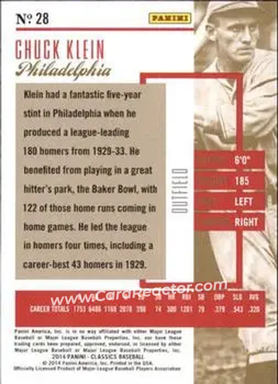 2014 Panini Classics #28 - Chuck Klein - Philadelphia Phillies - Back