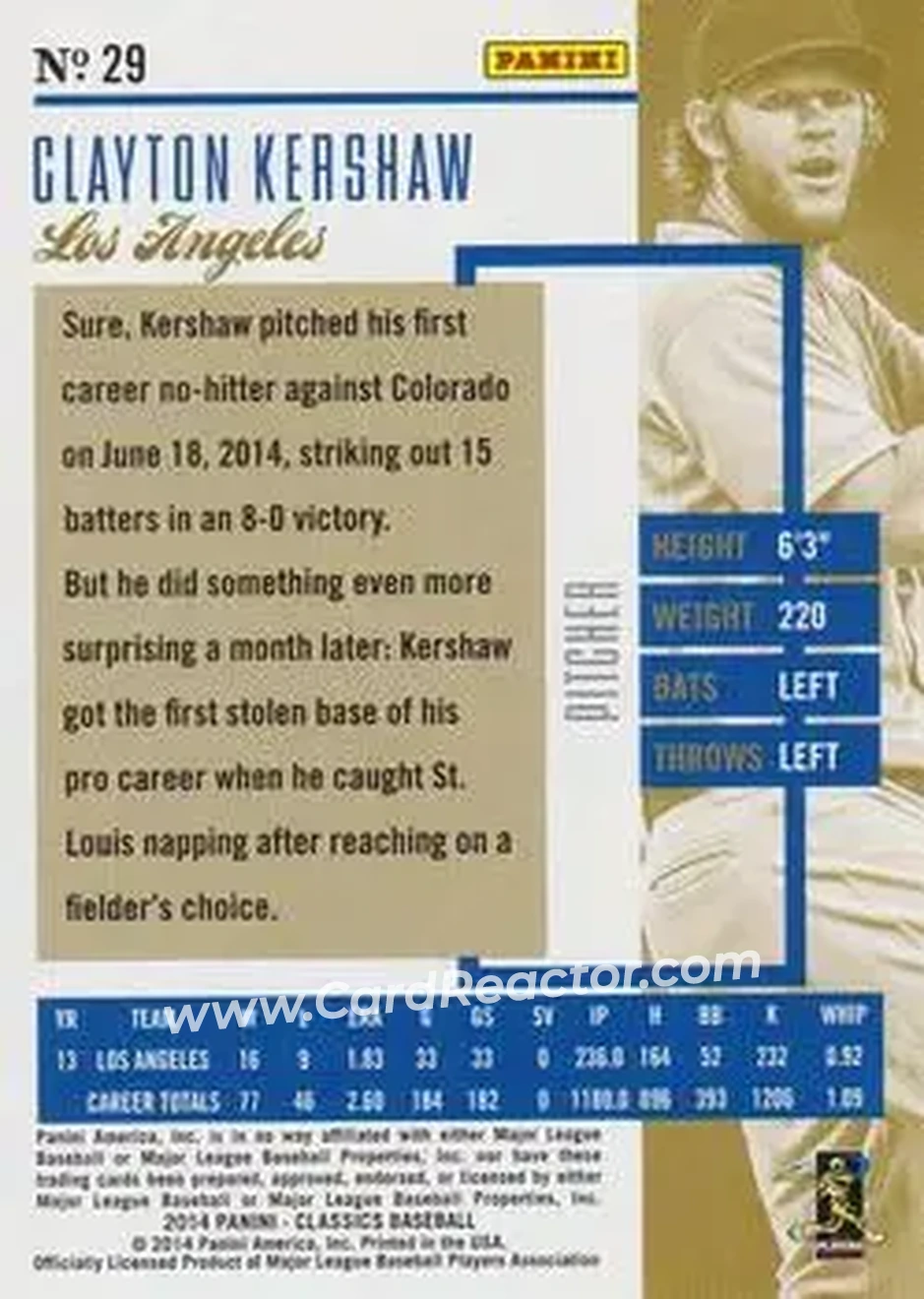 2014 Panini Classics #29 - Clayton Kershaw - Los Angeles Dodgers - Back