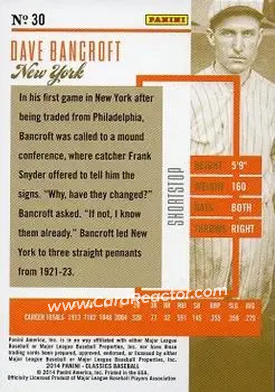 2014 Panini Classics #30 - Dave Bancroft - New York Giants - Back