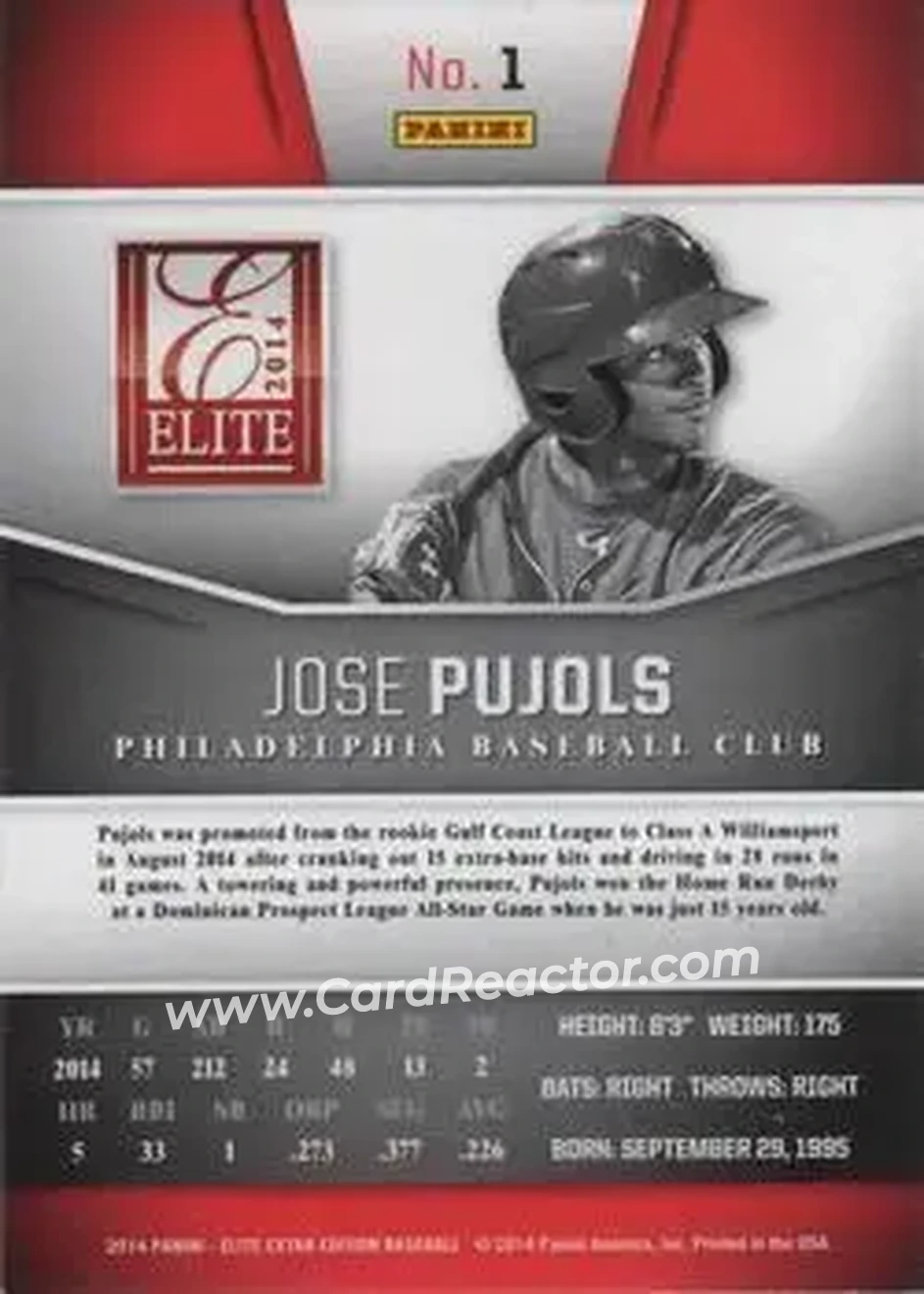 2014 Panini Elite Extra Edition #1 - Jose Pujols - Philadelphia Phillies - Back