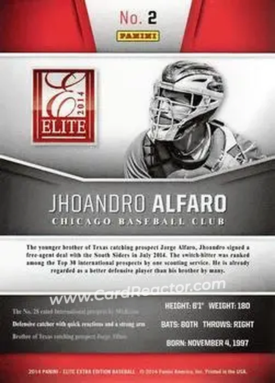 2014 Panini Elite Extra Edition #2 - Jhoandro Alfaro - Chicago White Sox - Back