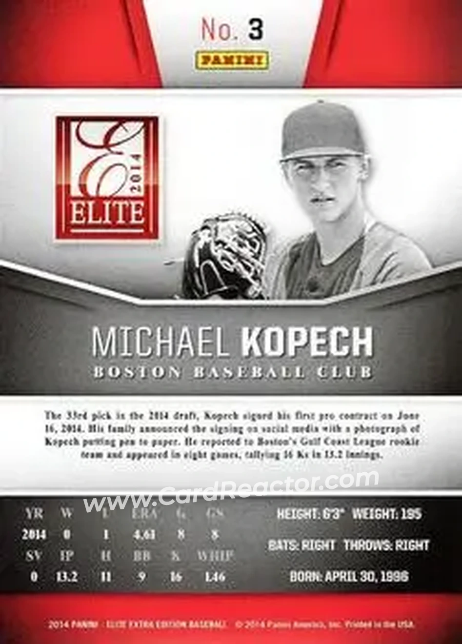 2014 Panini Elite Extra Edition #3 - Michael Kopech - Boston Red Sox - Back