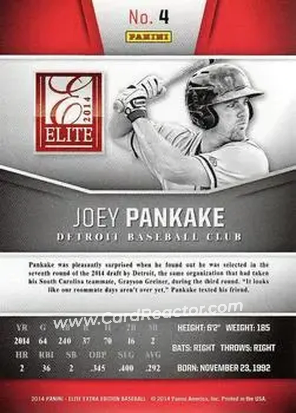 2014 Panini Elite Extra Edition #4 - Joey Pankake - Detroit Tigers - Back