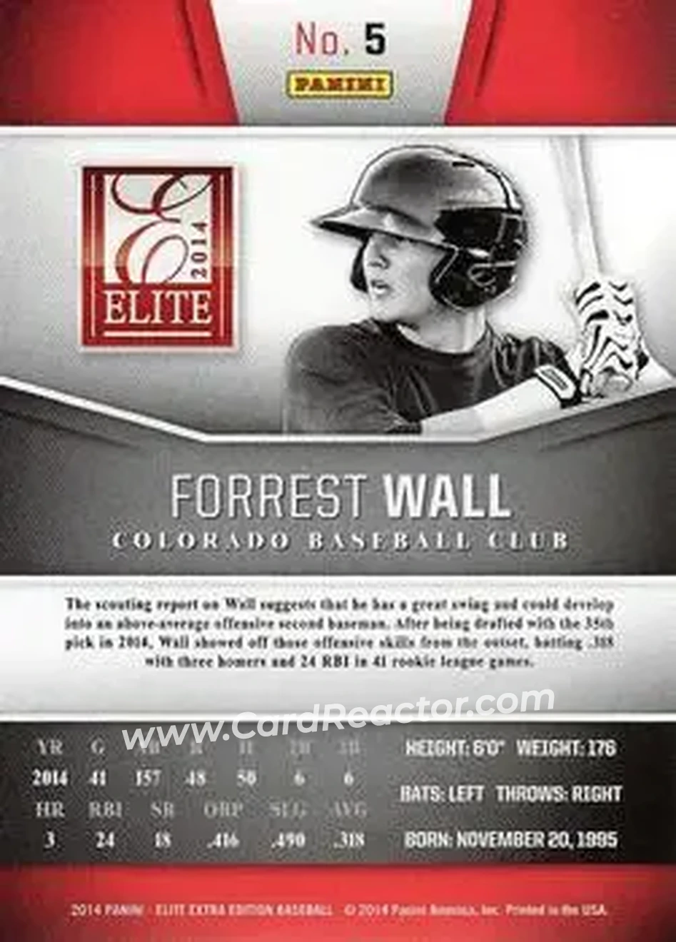 2014 Panini Elite Extra Edition #5 - Forrest Wall - Colorado Rockies - Back