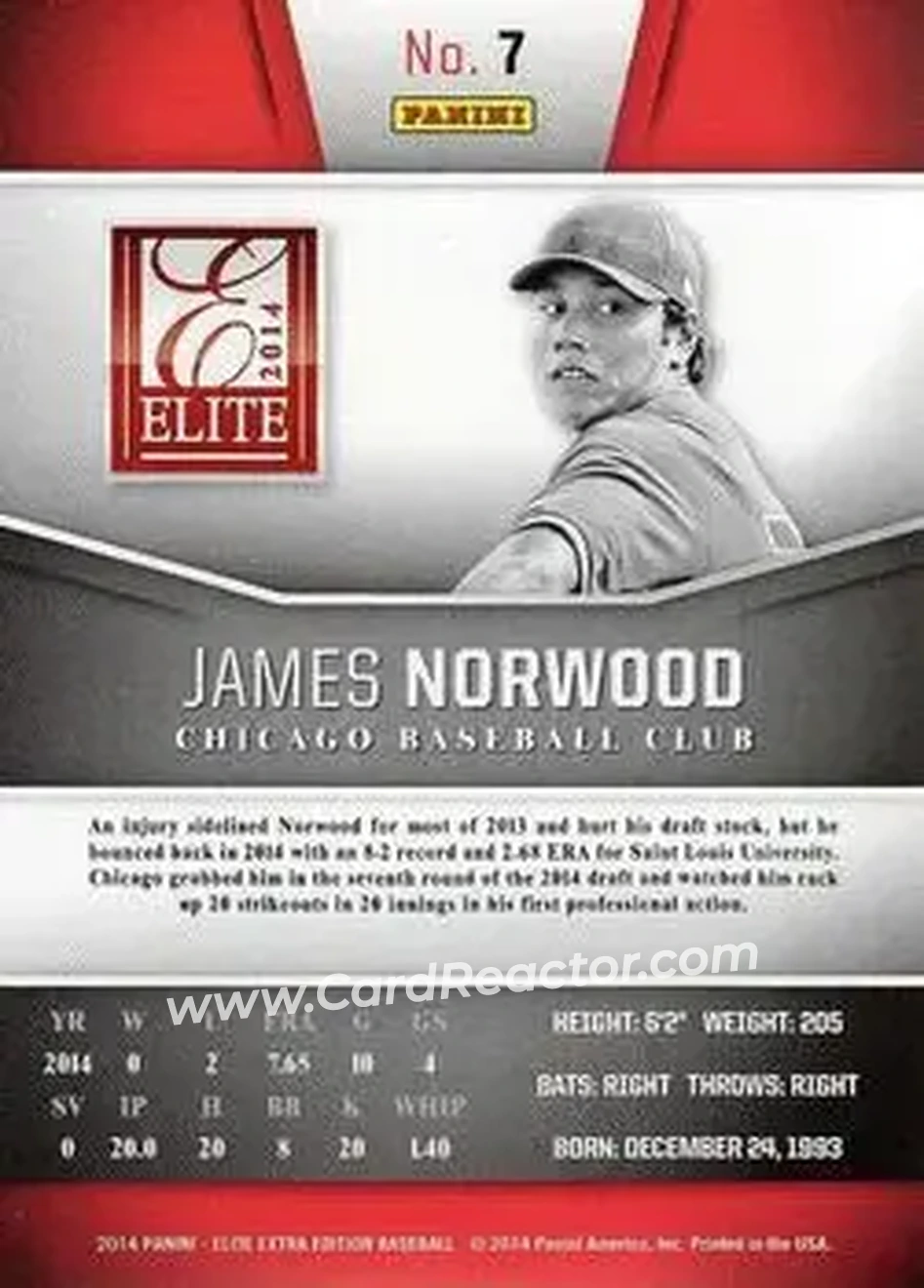 2014 Panini Elite Extra Edition #7 - James Norwood - Chicago Cubs - Back