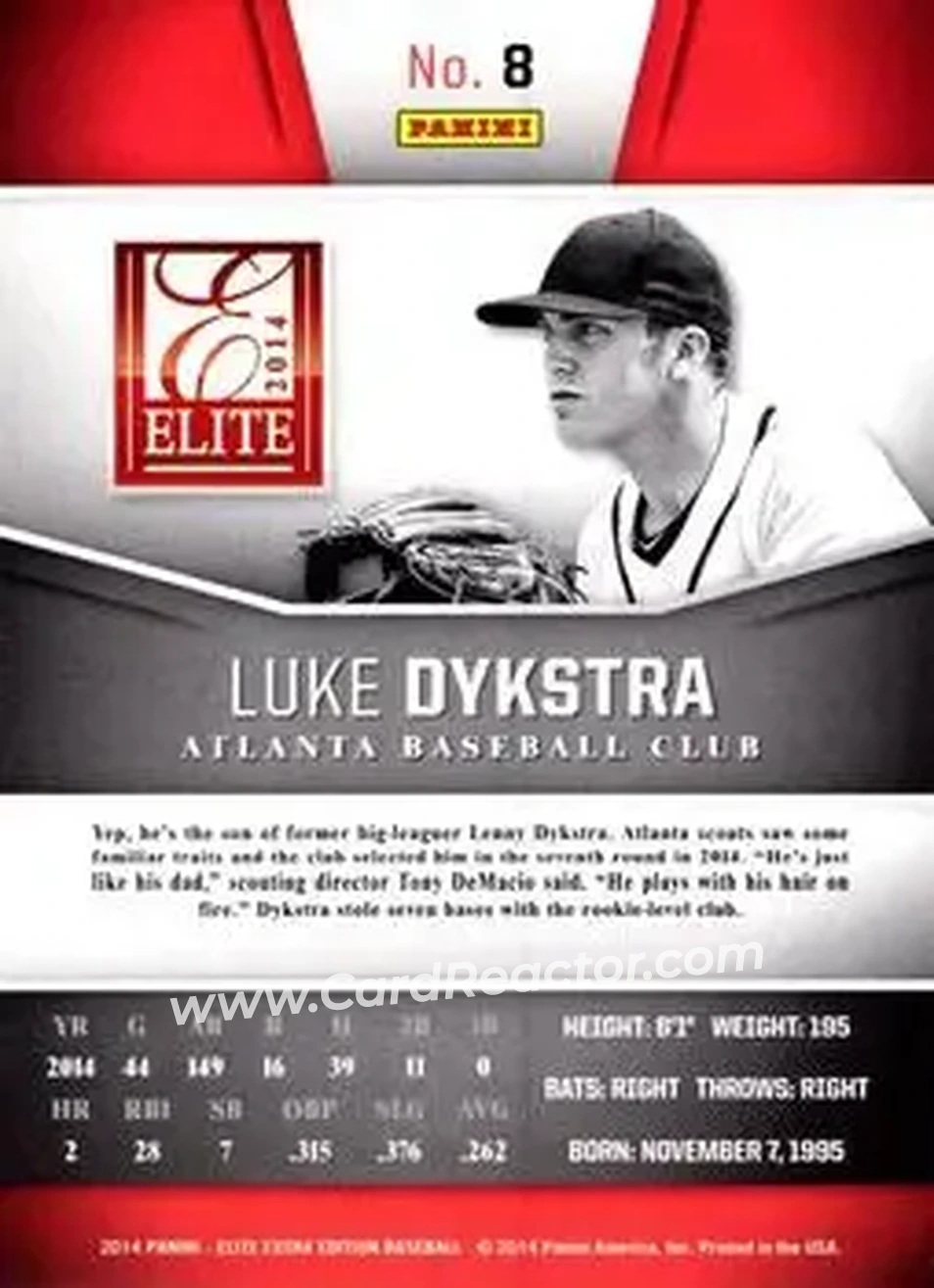 2014 Panini Elite Extra Edition #8 - Luke Dykstra - Atlanta Braves - Back