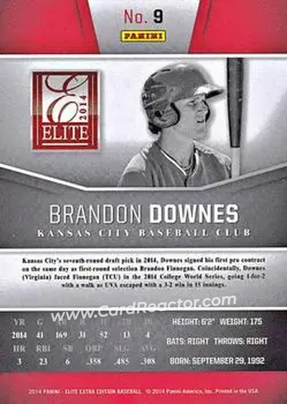 2014 Panini Elite Extra Edition #9 - Brandon Downes - Kansas City Royals - Back