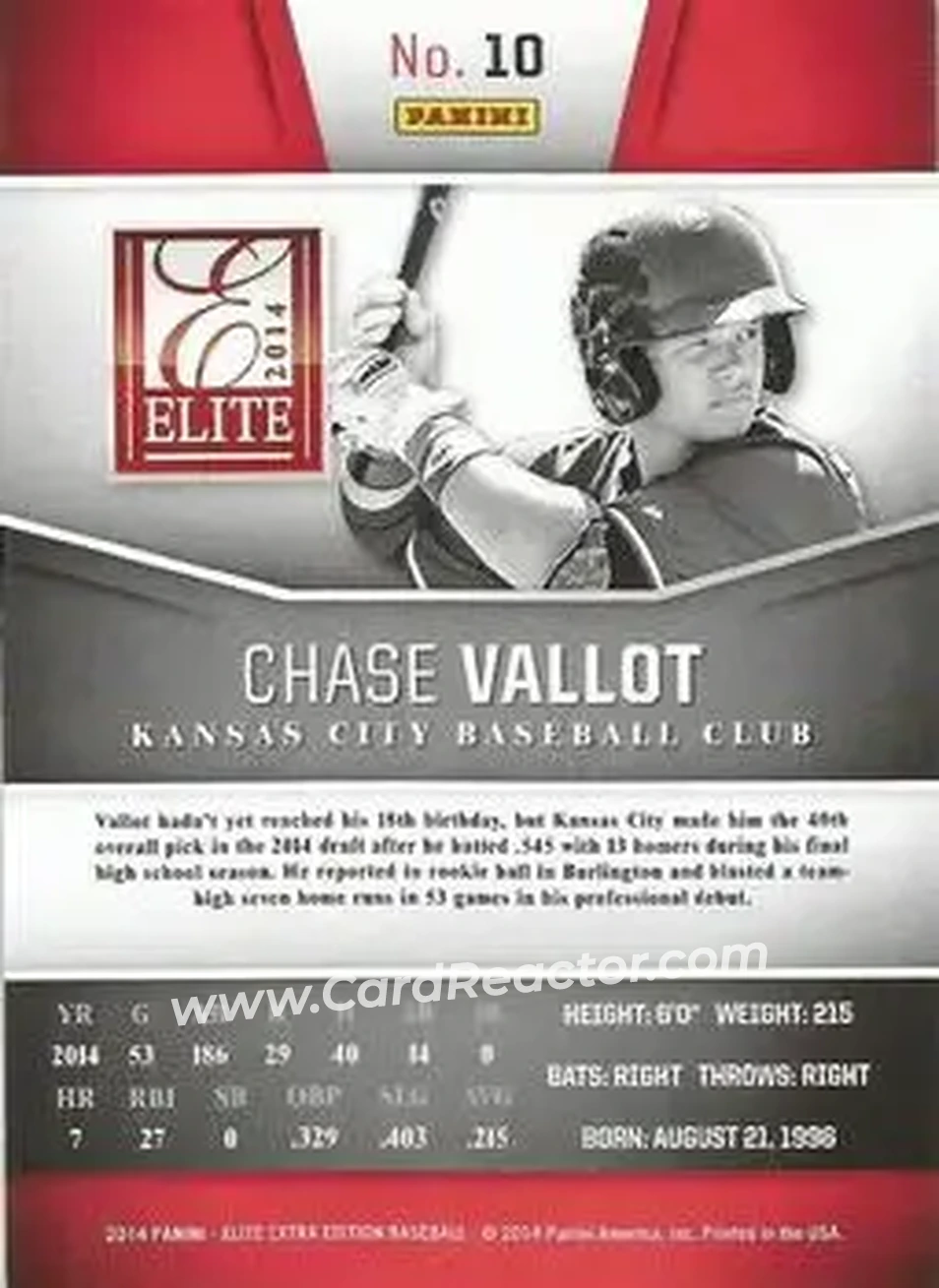 2014 Panini Elite Extra Edition #10 - Chase Vallot - Kansas City Royals - Back