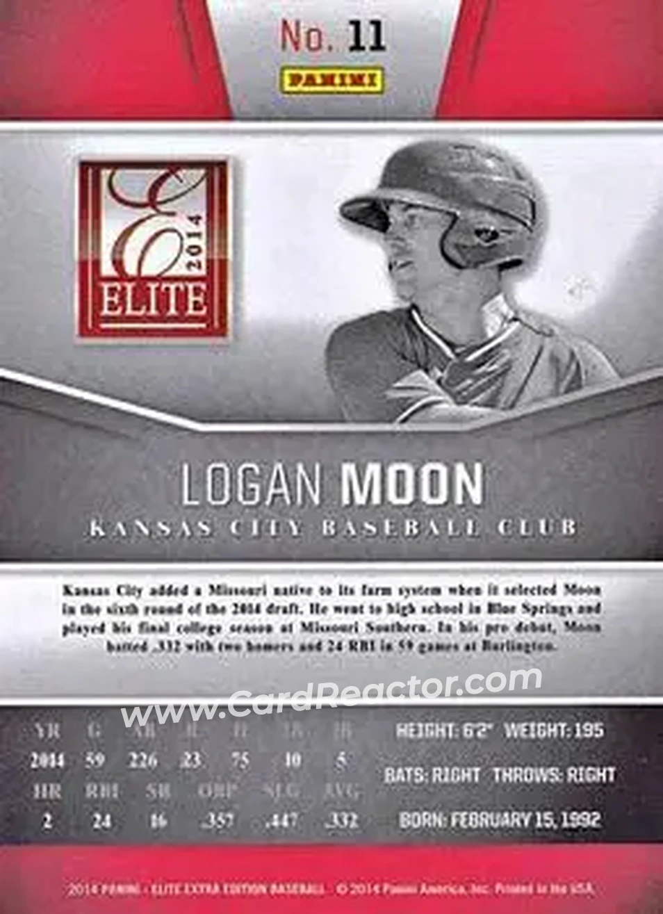 2014 Panini Elite Extra Edition #11 - Logan Moon - Kansas City Royals - Back 2014 Panini Elite Extra Edition #11 - Logan Moon - Kansas City Royals - Back