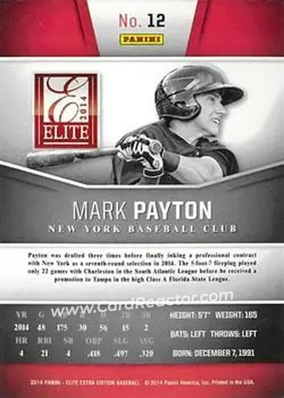 2014 Panini Elite Extra Edition #12 - Mark Payton - New York Yankees - Back