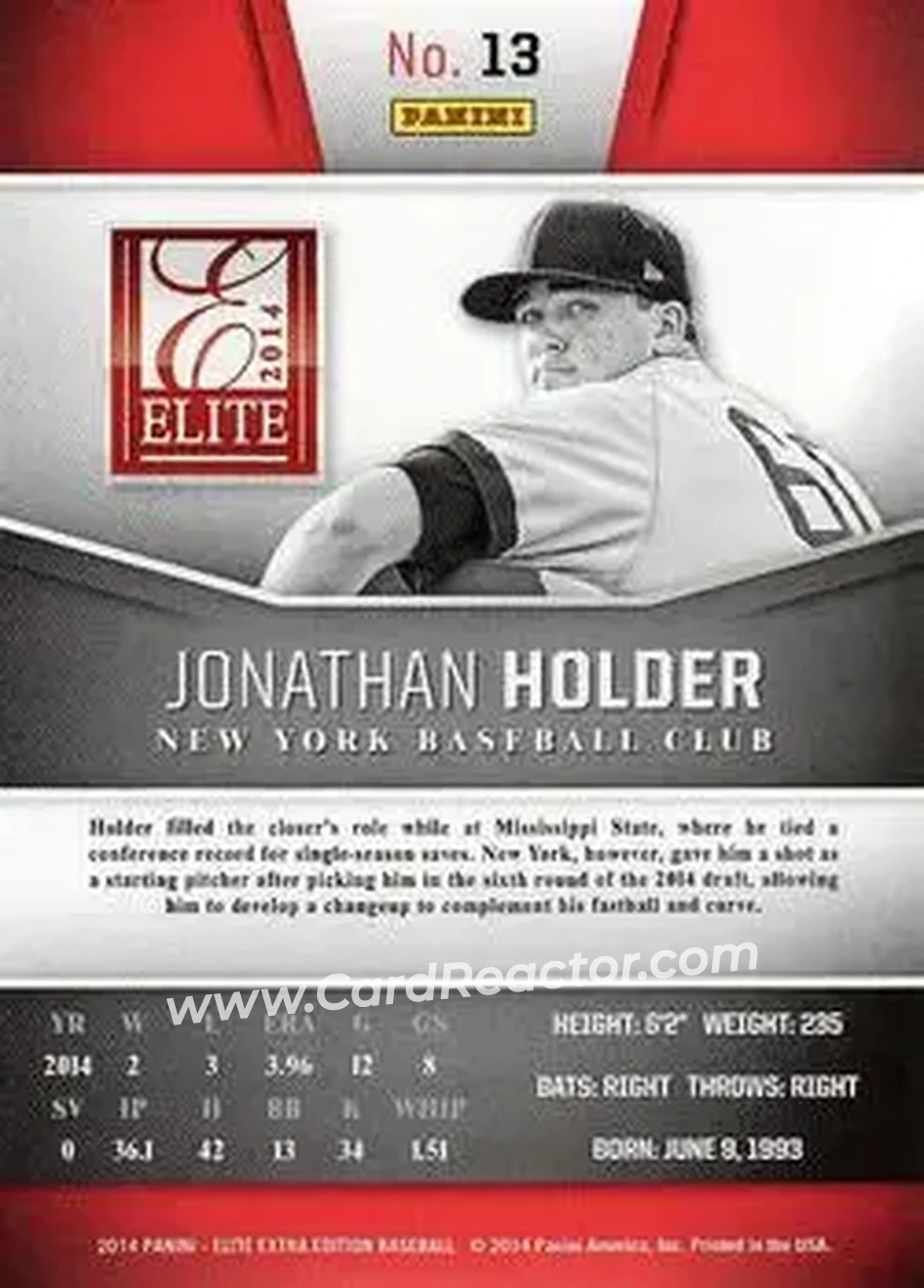 2014 Panini Elite Extra Edition #13 - Jonathan Holder - New York Yankees - Back