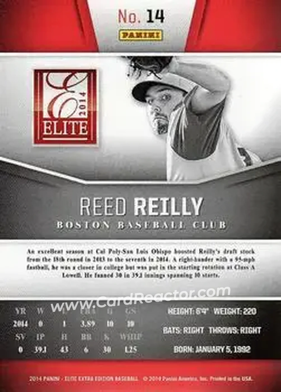2014 Panini Elite Extra Edition #14 - Reed Reilly - Boston Red Sox - Back