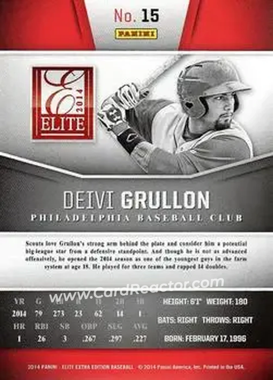 2014 Panini Elite Extra Edition #15 - Deivi Grullon - Philadelphia Phillies - Back