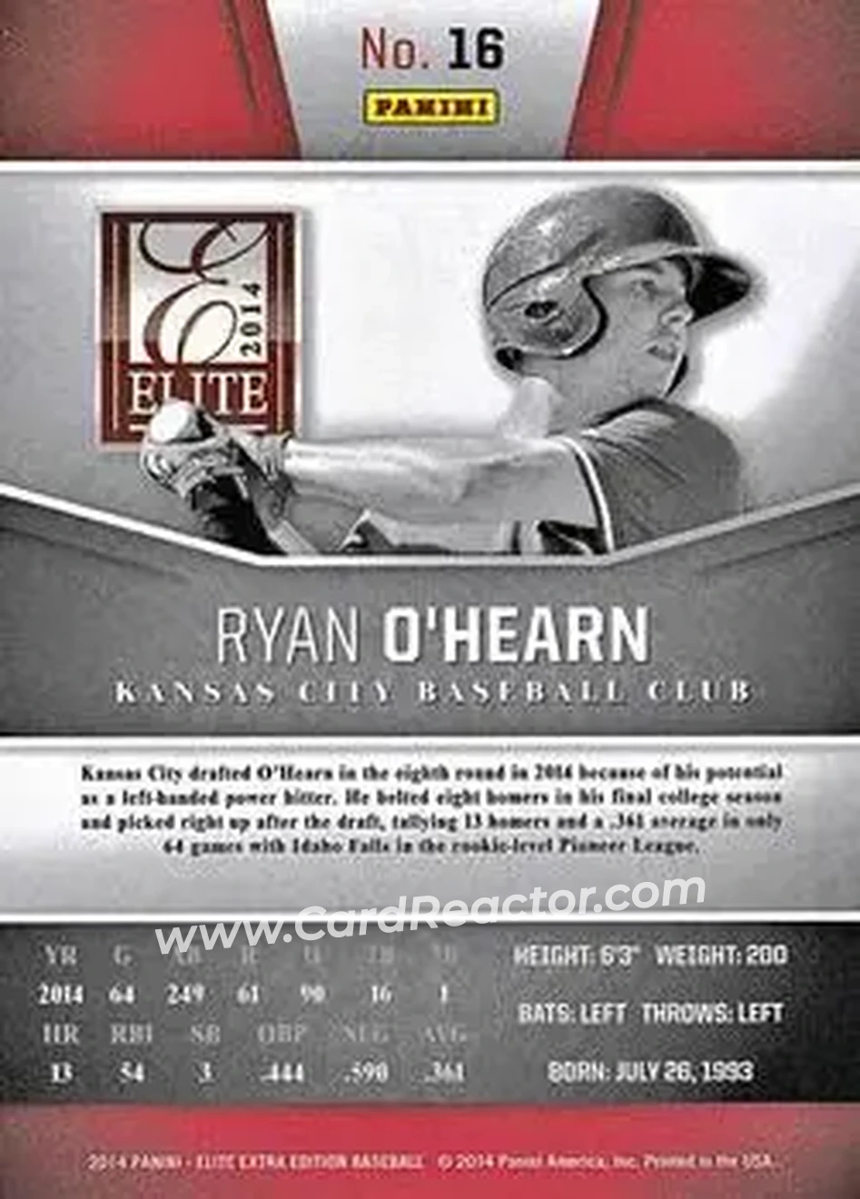 2014 Panini Elite Extra Edition #16 - Ryan O’Hearn - Kansas City Royals - Back