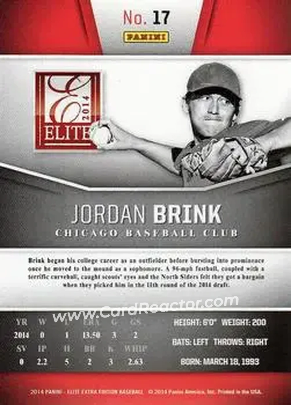 2014 Panini Elite Extra Edition #17 - Jordan Brink - Chicago Cubs - Back