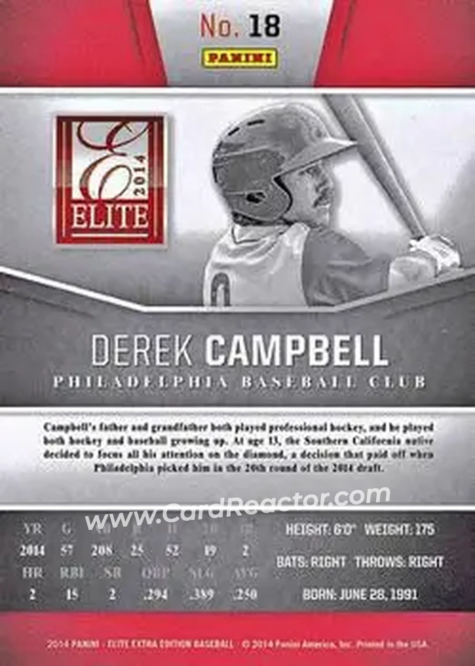 2014 Panini Elite Extra Edition #18 - Derek Campbell - Philadelphia Phillies - Back