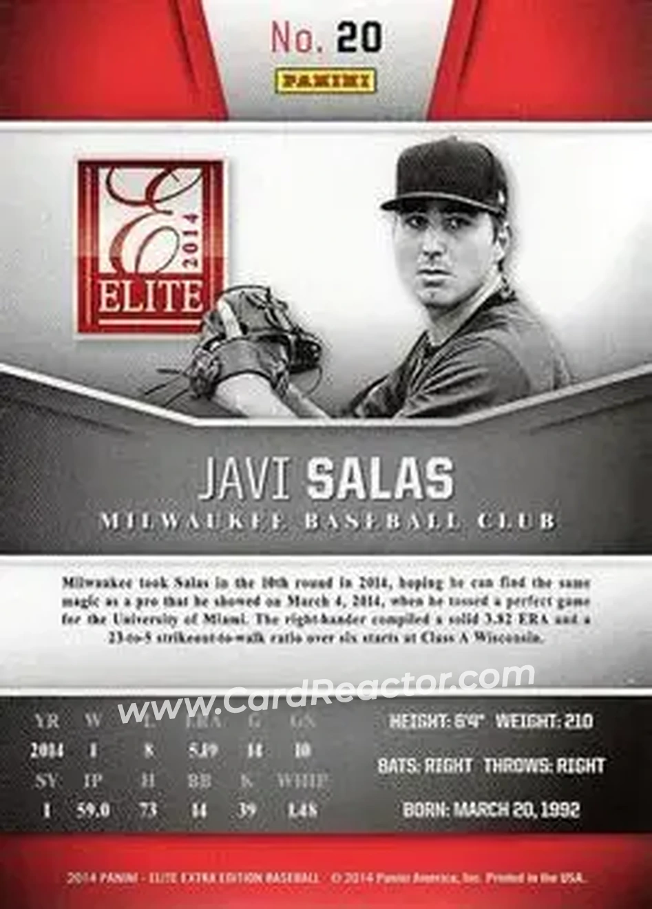 2014 Panini Elite Extra Edition #20 - Javi Salas - Milwaukee Brewers - Back