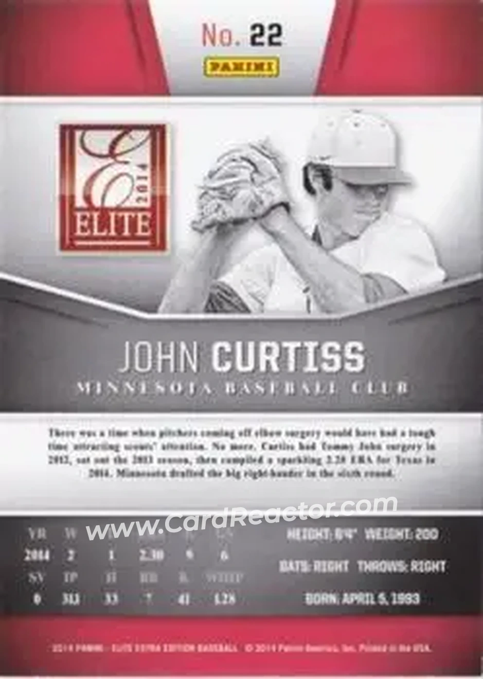 2014 Panini Elite Extra Edition #22 - John Curtiss - Minnesota Twins - Back