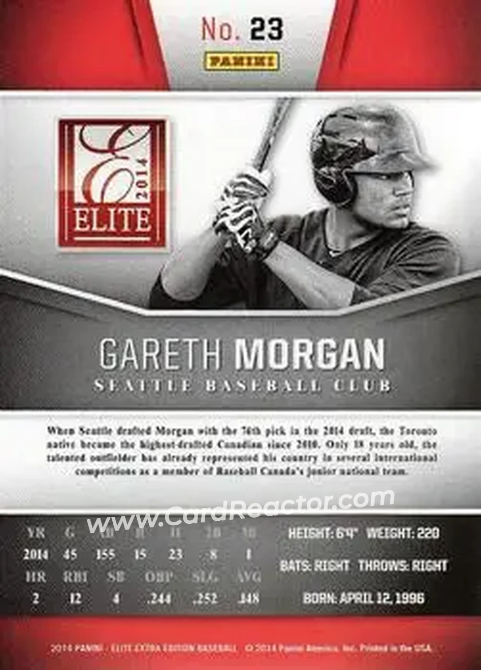 2014 Panini Elite Extra Edition #23 - Gareth Morgan - Seattle Mariners - Back