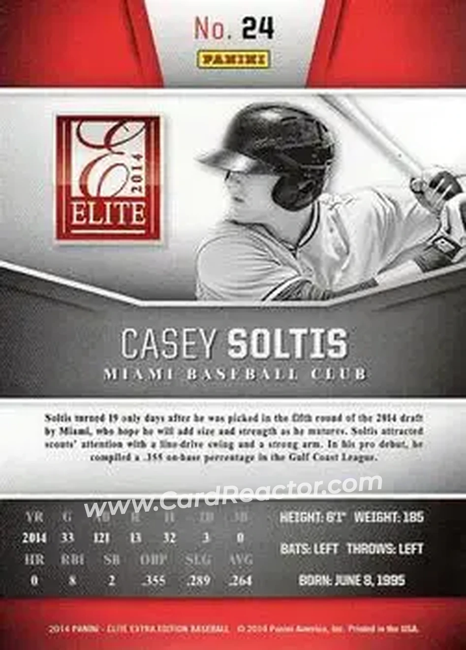 2014 Panini Elite Extra Edition #24 - Casey Soltis - Miami Marlins - Back