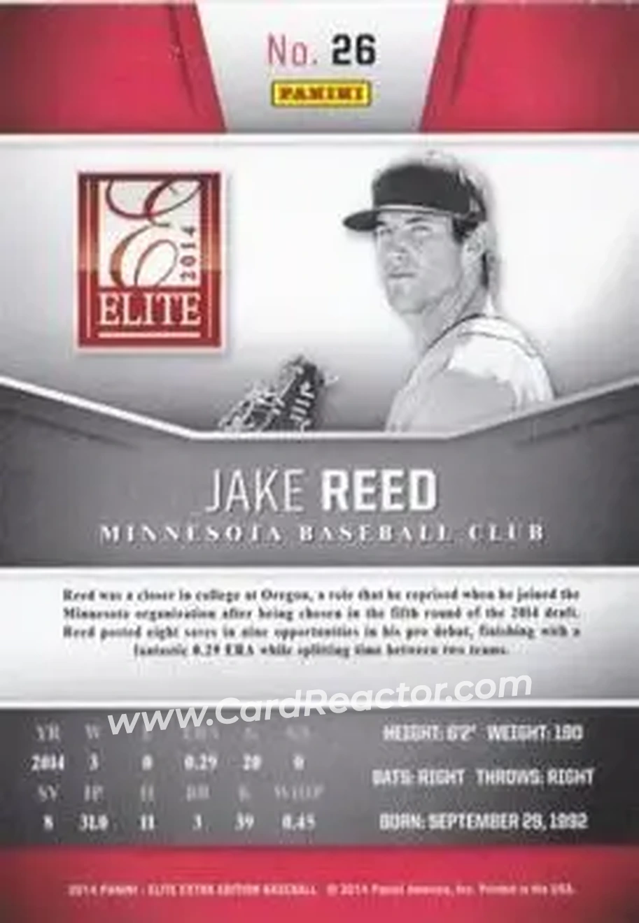 2014 Panini Elite Extra Edition #26 - Jake Reed - Minnesota Twins - Back