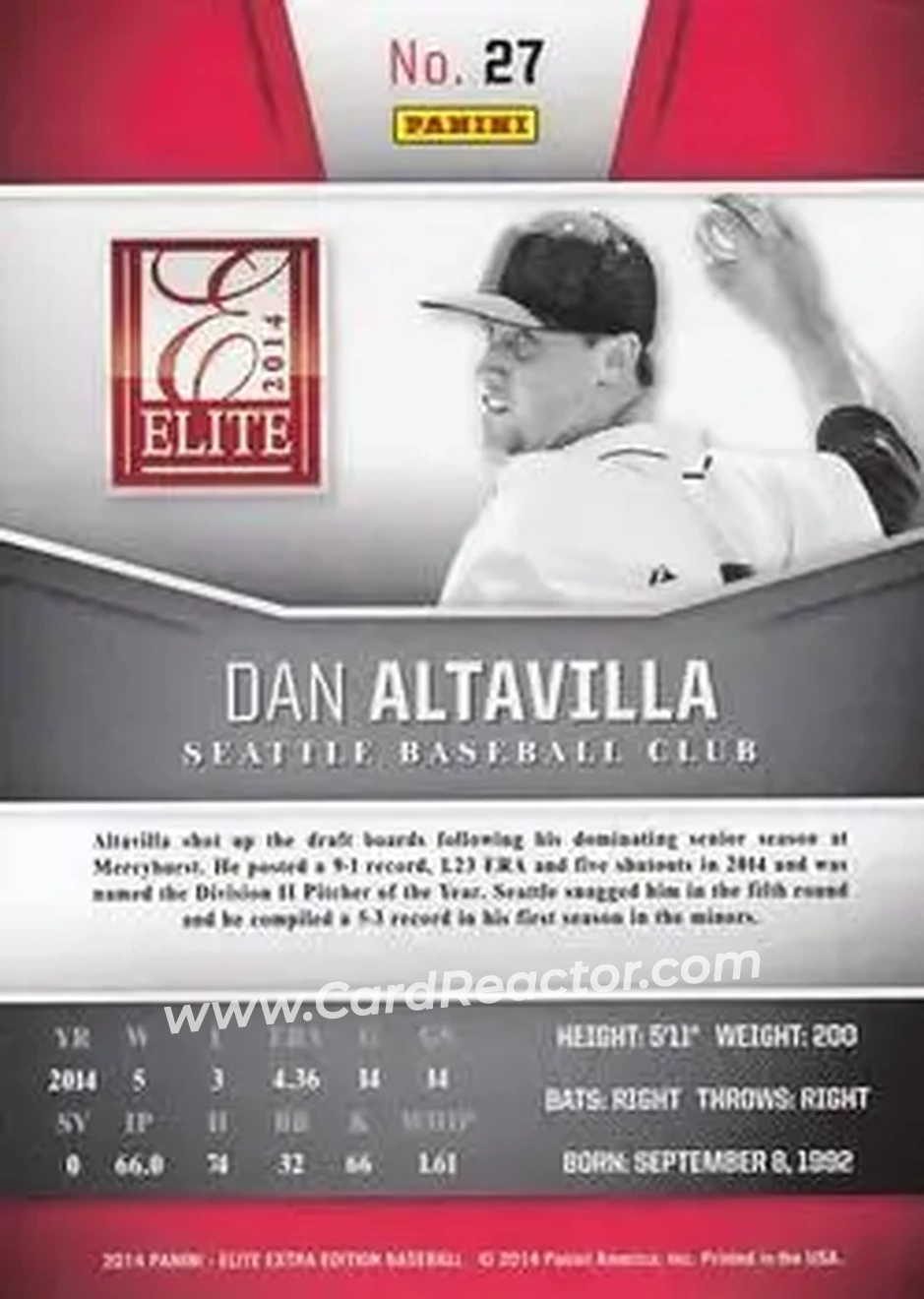 2014 Panini Elite Extra Edition #27 - Dan Altavilla - Seattle Mariners - Back