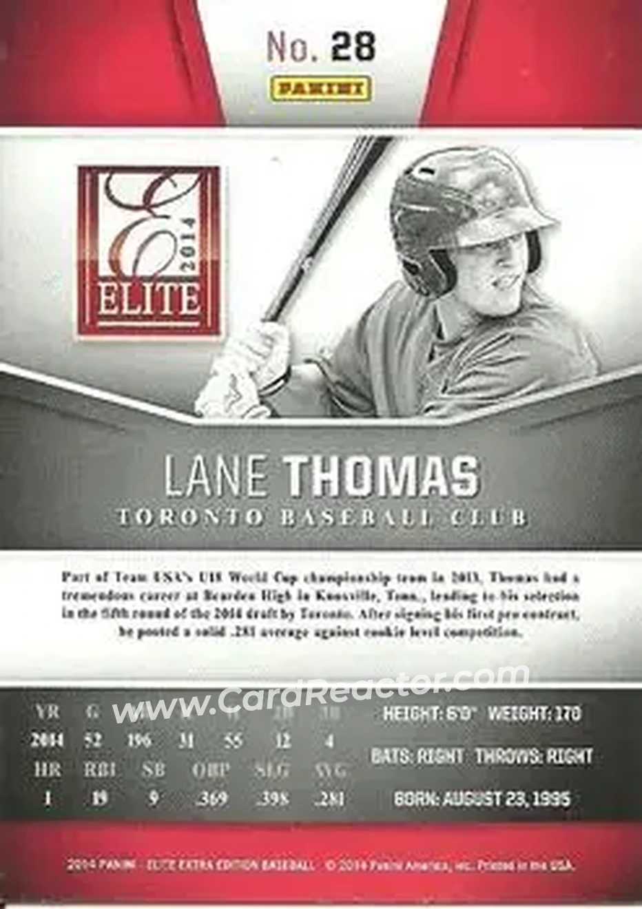2014 Panini Elite Extra Edition #28 - Lane Thomas - Toronto Blue Jays - Back 2014 Panini Elite Extra Edition #28 - Lane Thomas - Toronto Blue Jays - Back